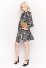Long Sleeve Shirt Dress with Tie Waist in Black and White Pr