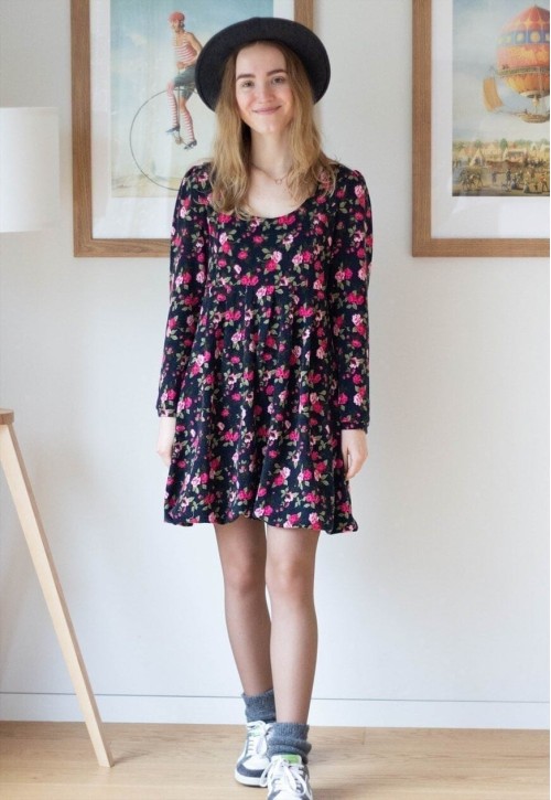 Black soft floral long sleeve dress