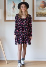 Black soft floral long sleeve dress