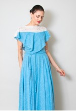 Puszta Vintage 70's Blue Cotton Maxi Dress Cream Lace Panels