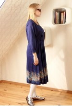 Royal blue pleated vintage dress with brown leaves